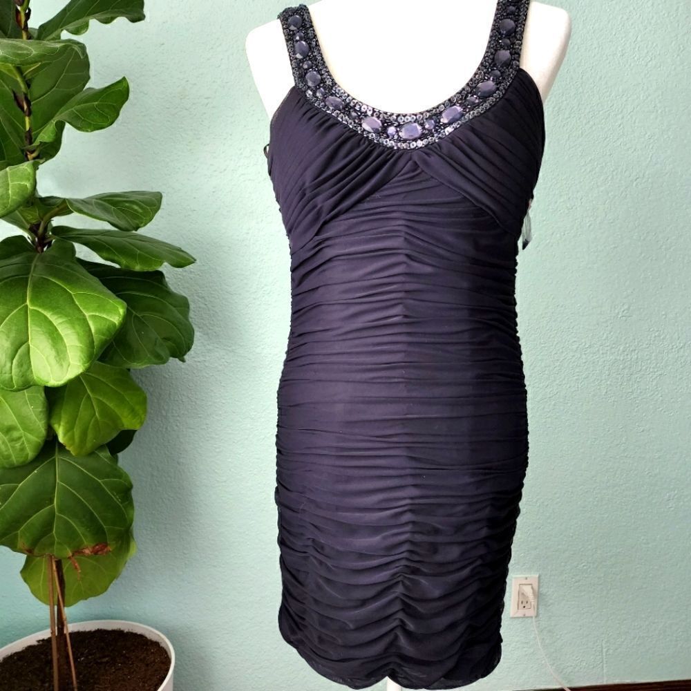 XSCAPE ruched cocktail navy blue embellish neck midi dress